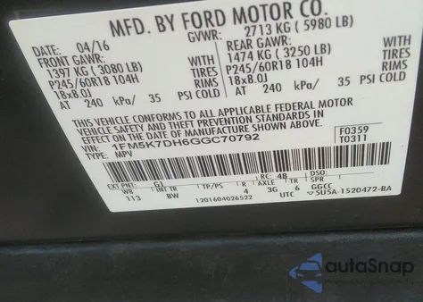 2016 Ford Explorer Xlt from USA, damaged, VIN 1FM5K7DH6GGC70792